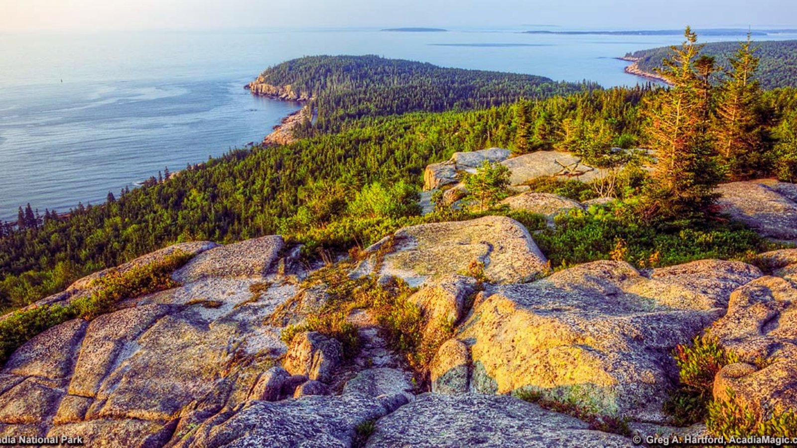 A panoramic view from a rocky cliff, showcasing the vast ocean stretching to the horizon under a clear blue sky.