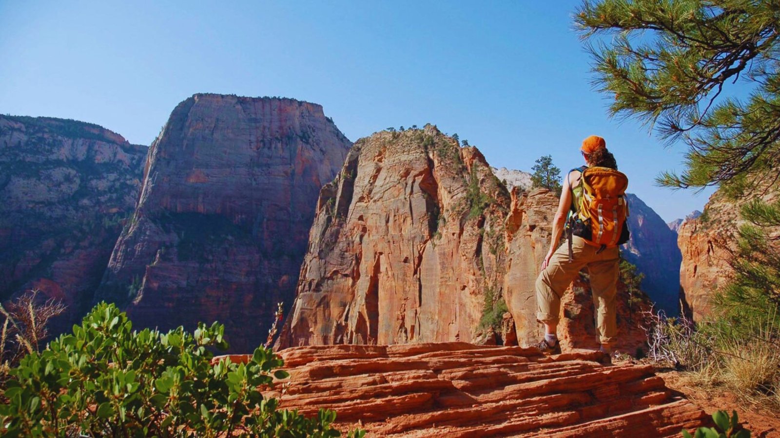 A man with a backpack stands on a rock, overlooking a vast canyon landscape.