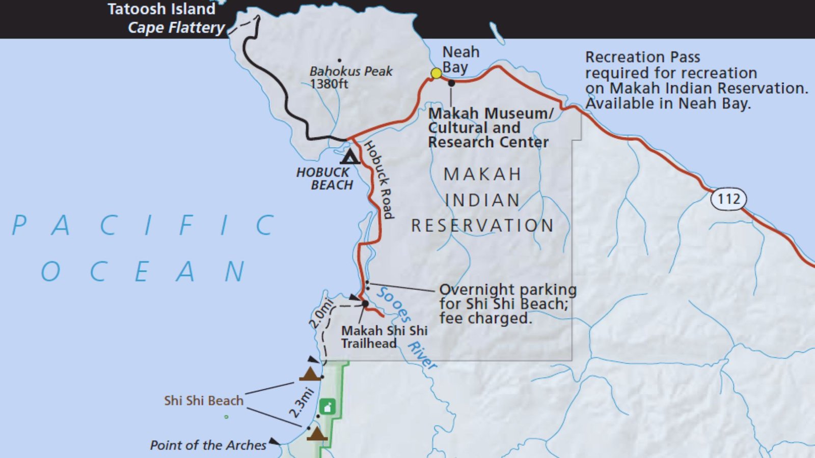 Map of the Maui Island Trail highlighting the Shi Shi Beach Trail route and surrounding areas.
