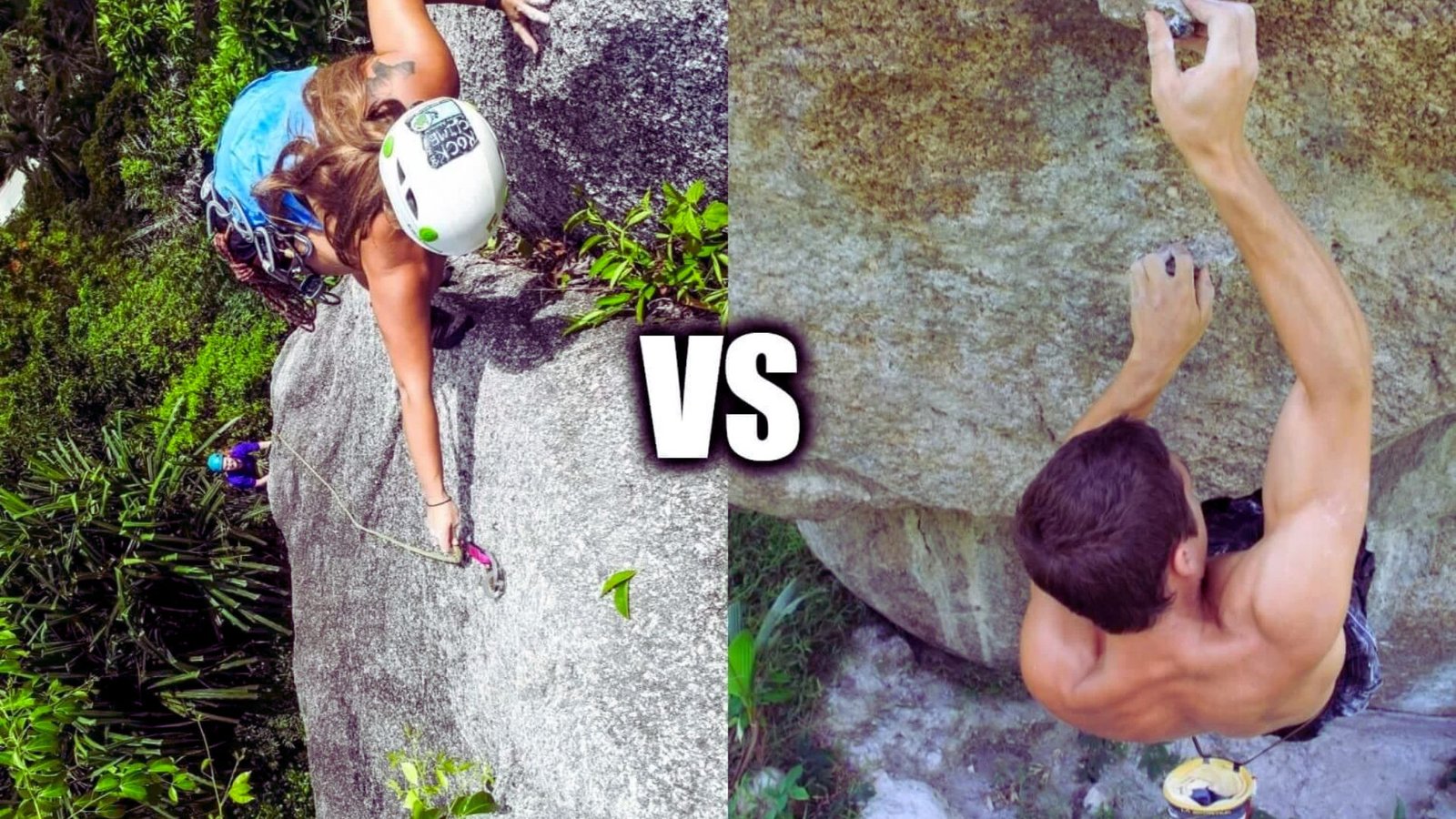 Two climbers navigate rocky terrain, one on the left and the other on the right, showcasing their climbing skills.
