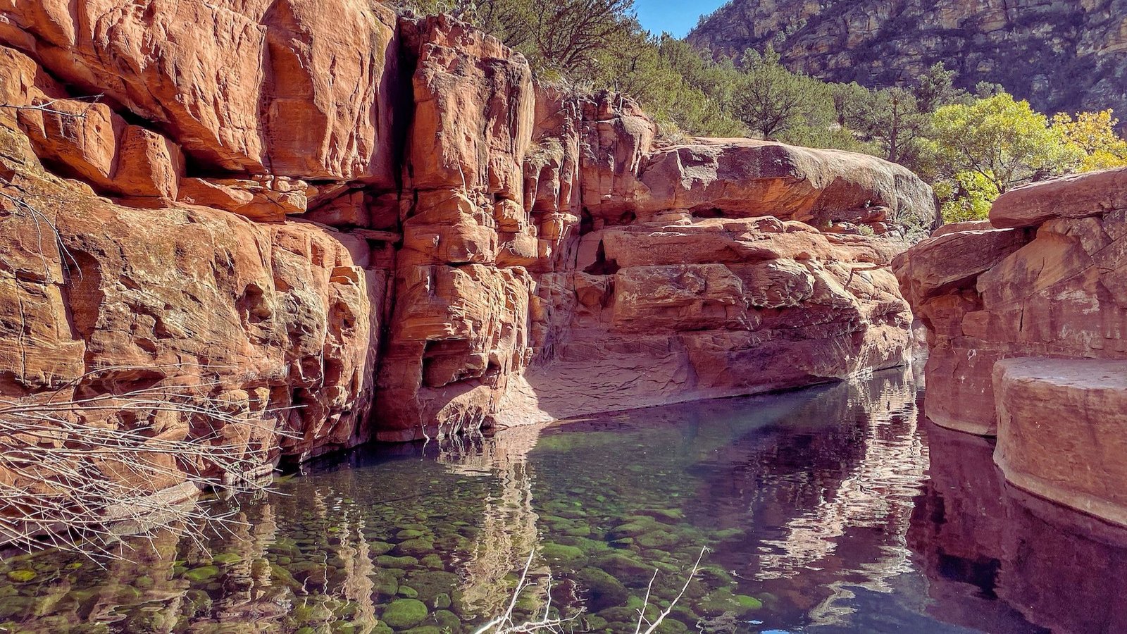 A river winds through a canyon, surrounded by rocky cliffs and lush green trees.
