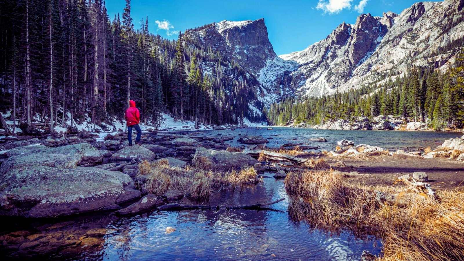 A man stands on the lakeshore, surrounded by mountains, gazing at the tranquil water under a clear sky.
