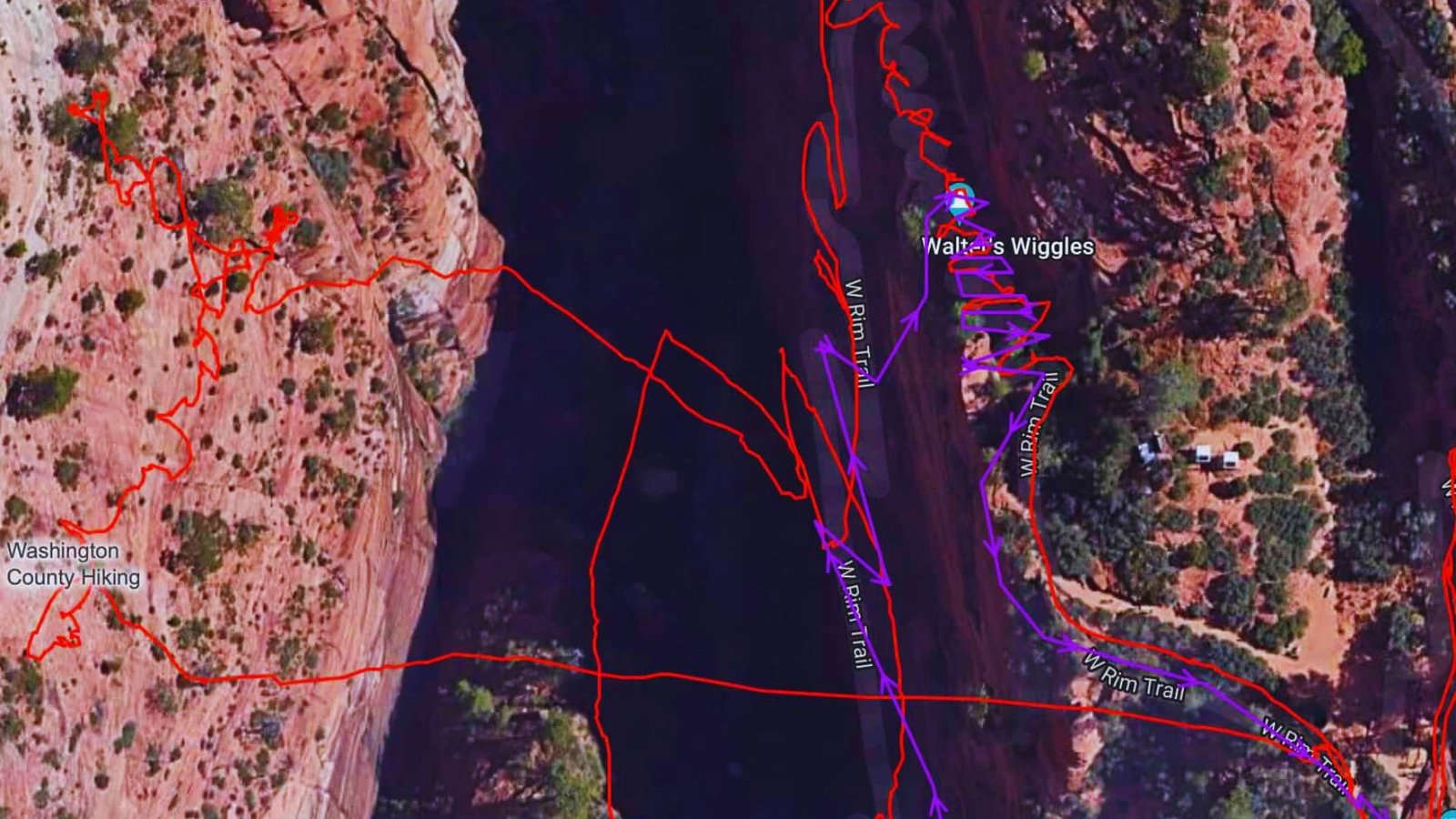 Map of the West Rim Trail in Zion Canyon, featuring red lines for navigation and trail routes.
