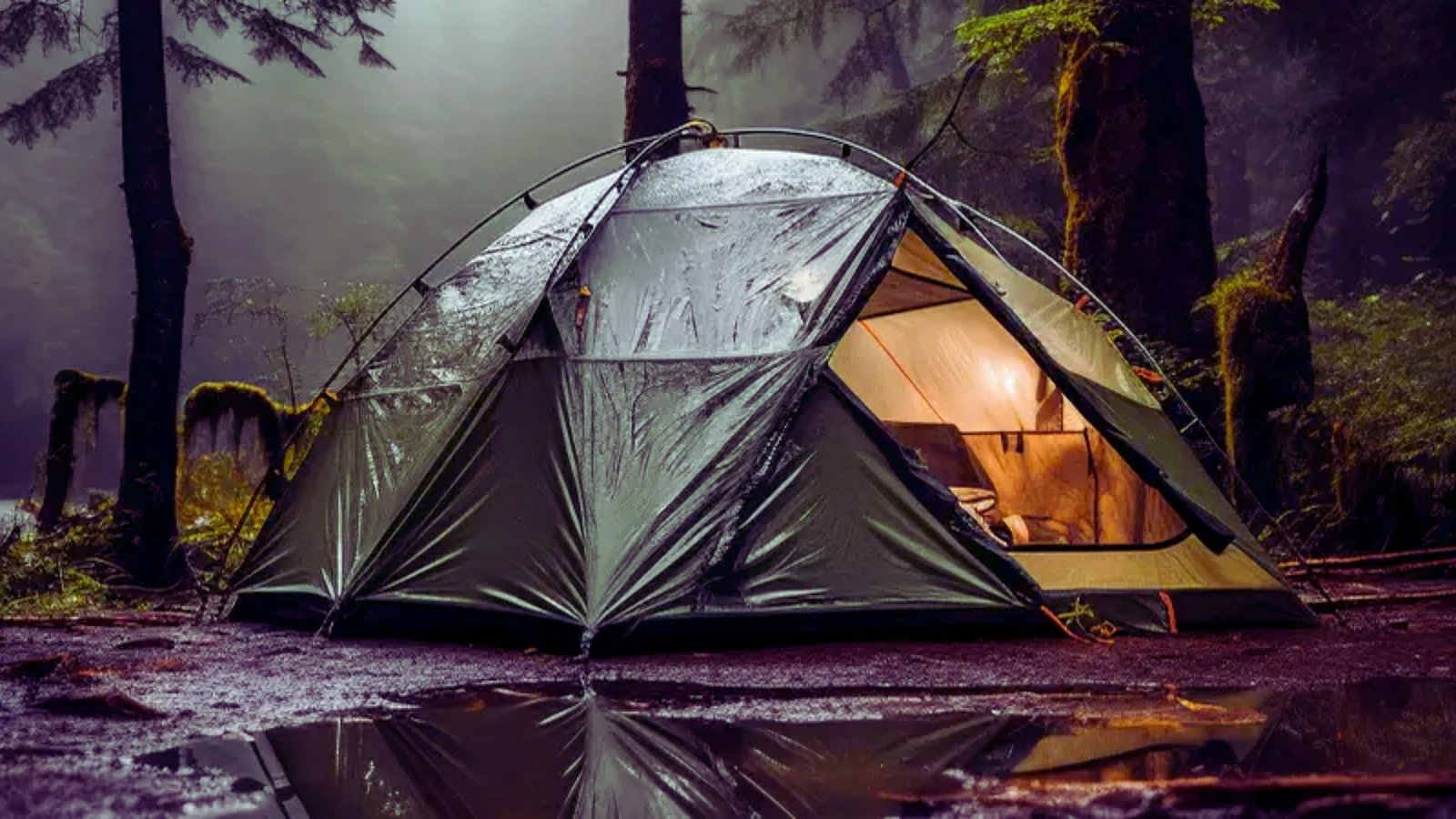 A tent is pitched among tall trees in a serene forest setting.
