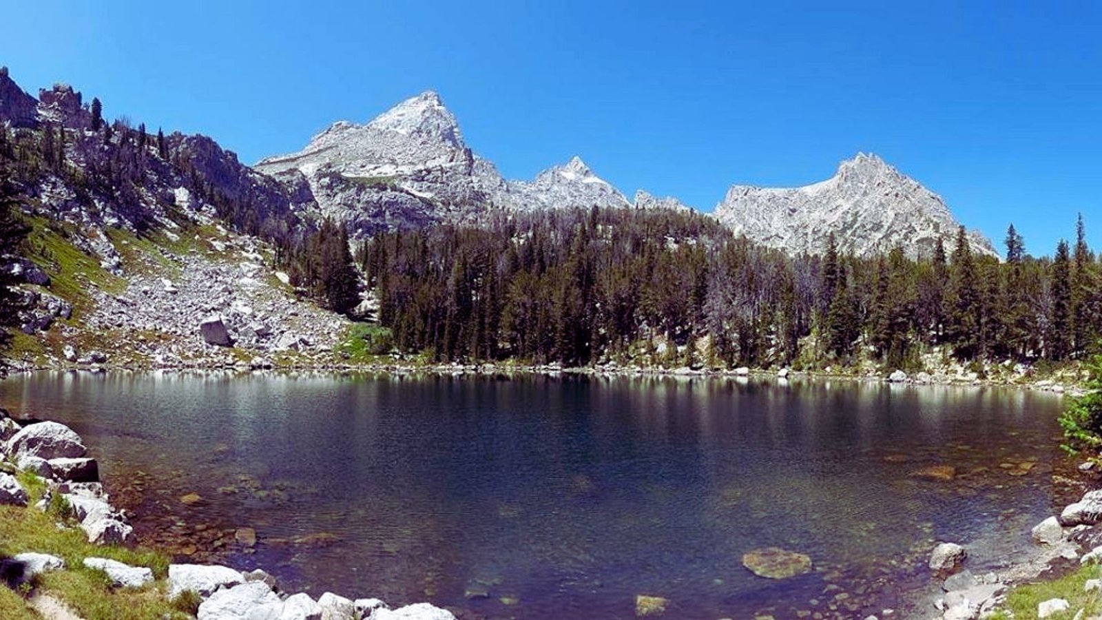 A serene lake nestled among towering mountains and lush green trees under a clear blue sky.