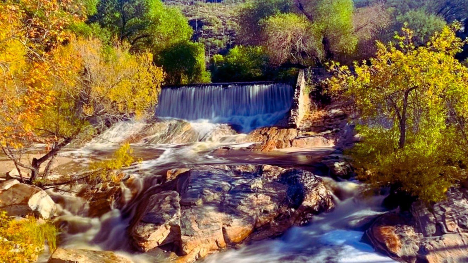  A serene waterfall cascading through vibrant autumn foliage, showcasing rich oranges and yellows in a tranquil setting.