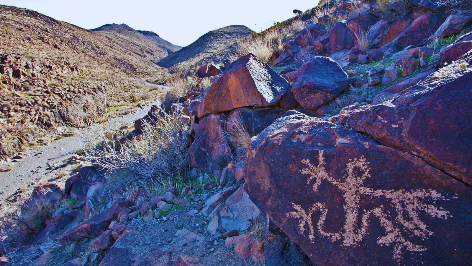  Rock art in Sloan Canyon National Conservation Area, set against a backdrop of mountains in the desert landscape.
