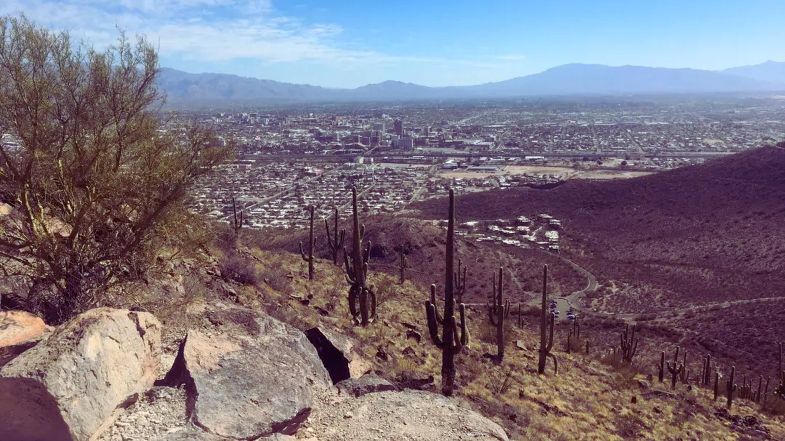 A panoramic view of the city skyline and distant mountains from a mountain peak under a clear blue sky.