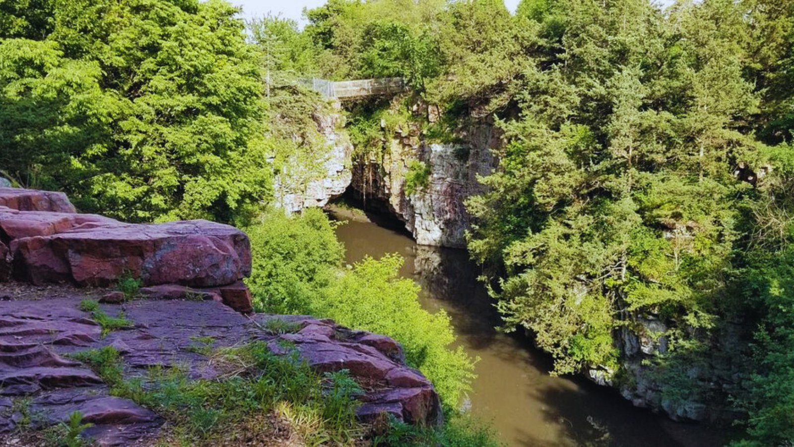 A river flows through a rocky canyon, flanked by lush trees on either side, creating a serene natural landscape.