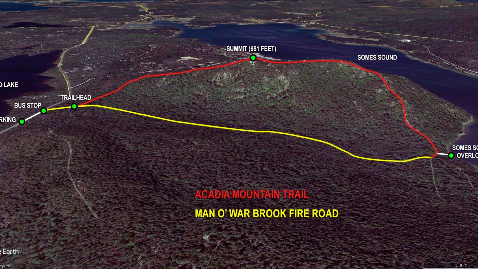 Map detailing the route to the summit of Mount Brook, highlighting trails and key landmarks along the way.