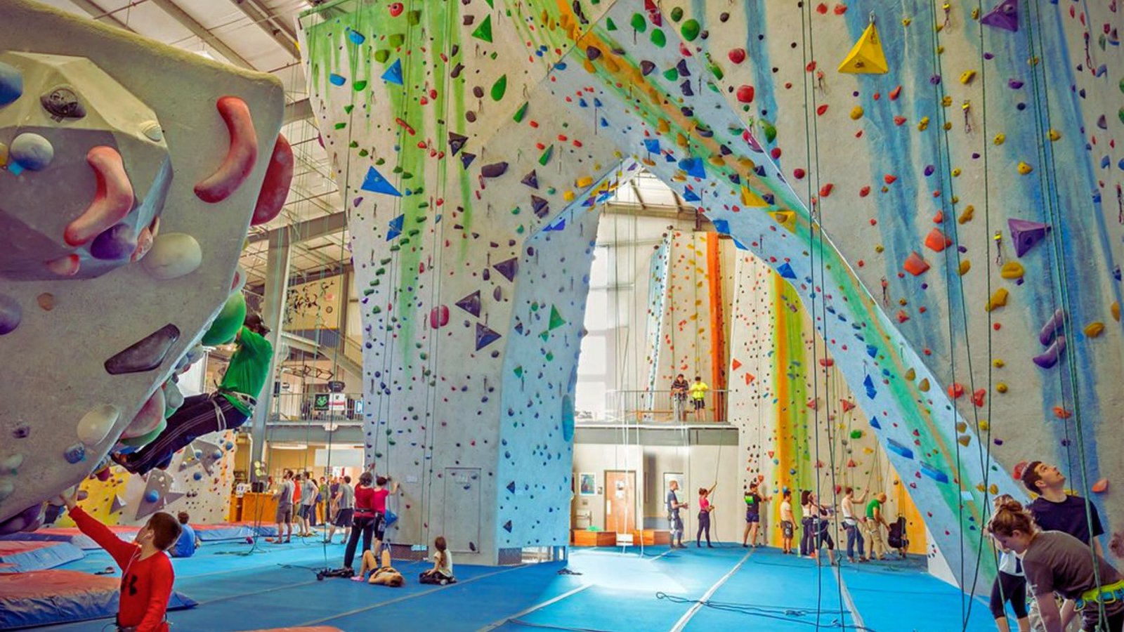 A large indoor climbing wall with several climbers scaling its colorful routes and holds.
