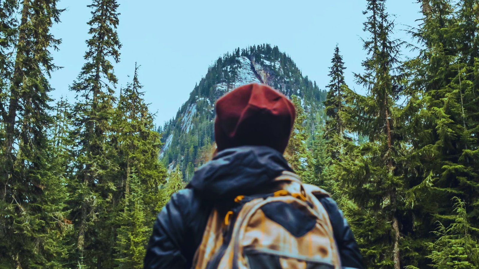 A person with a backpack gazes at a majestic mountain landscape in the distance.