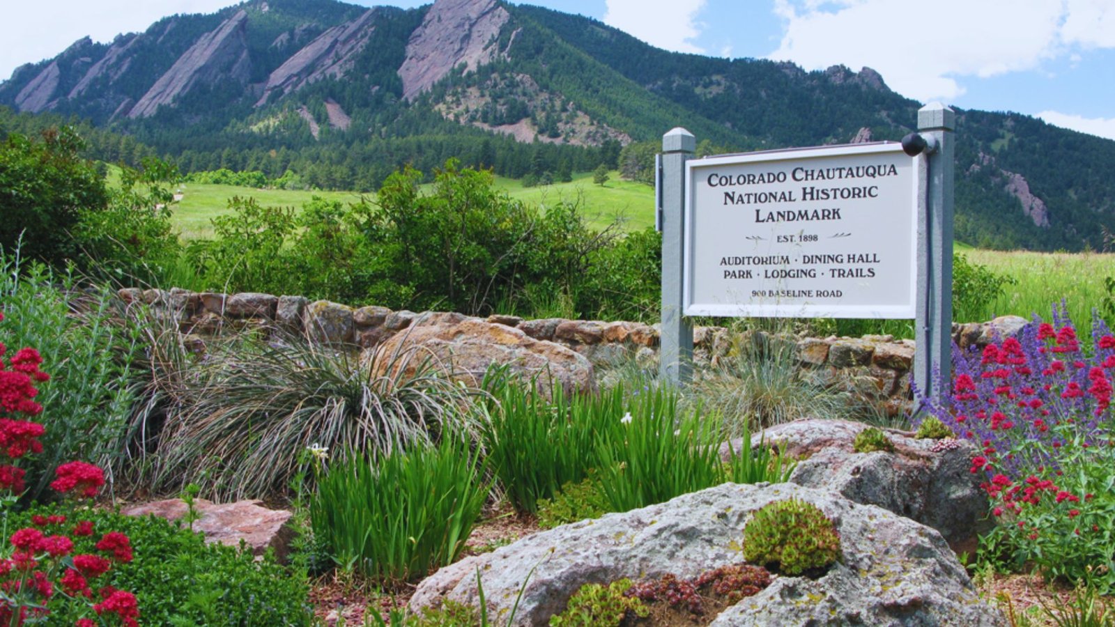 A sign stands in front of a mountain, surrounded by colorful flowers and scattered rocks.