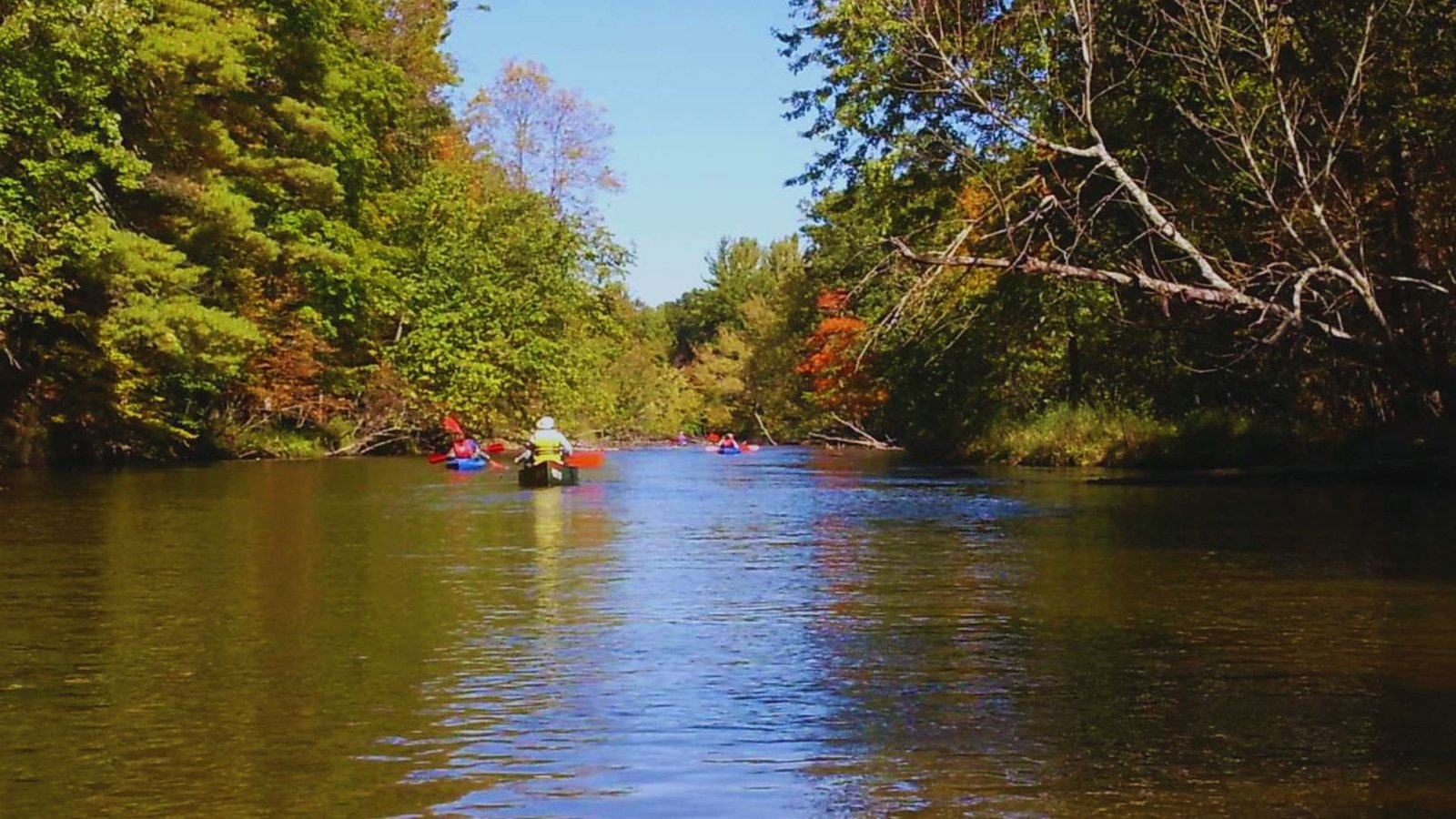 People paddling canoes on a river surrounded by vibrant fall foliage.