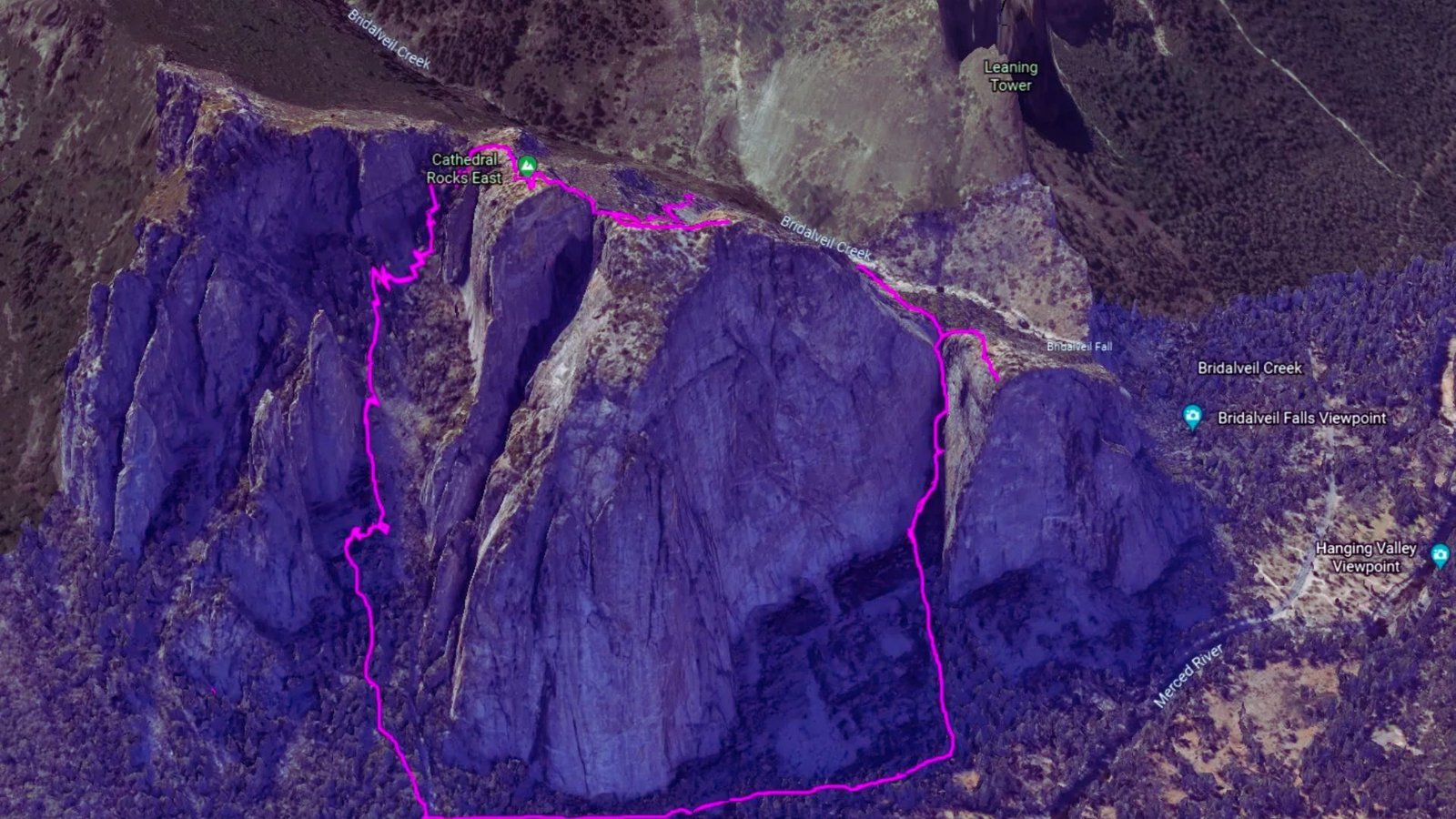Map of Yosemite Valley featuring a prominent purple line indicating a specific route or trail.