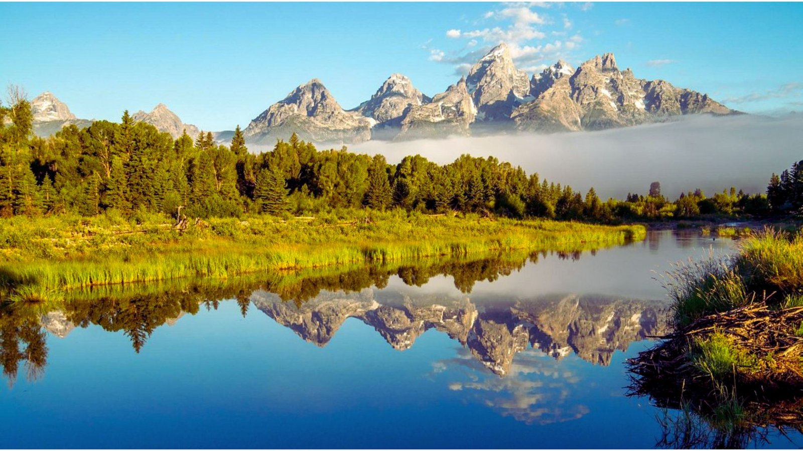  Grand Teton mountains towering above, their majestic peaks reflected in the calm water below.

