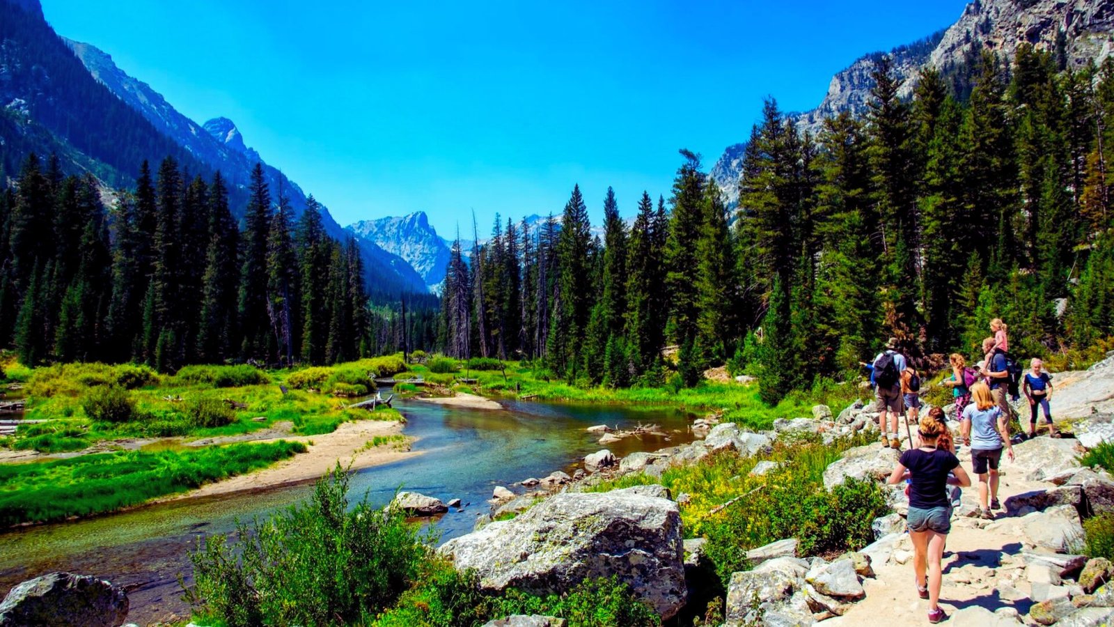 A group of hikers traverses a mountain trail alongside a flowing river, surrounded by lush greenery and rocky terrain.