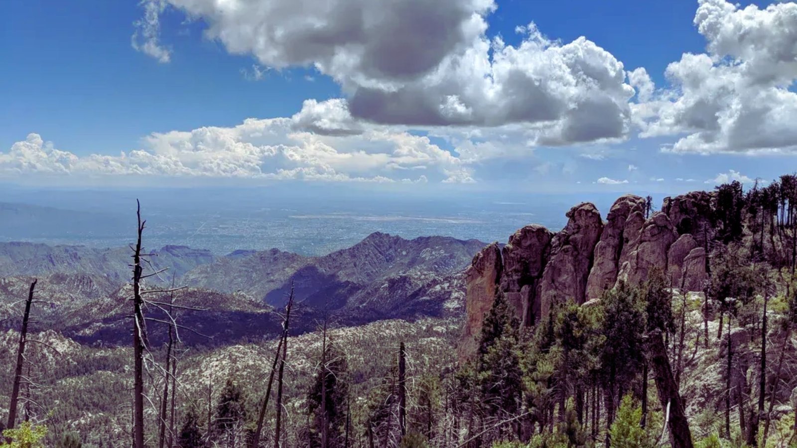 Panoramic view from a mountain peak in Arizona, showcasing vast landscapes and distant horizons under a clear blue sky.