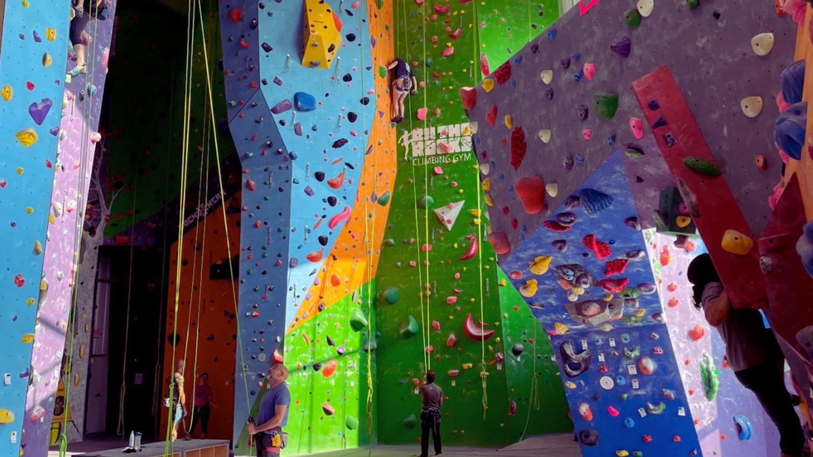 A vibrant climbing wall featuring multiple colorful sections for climbers of various skill levels.
