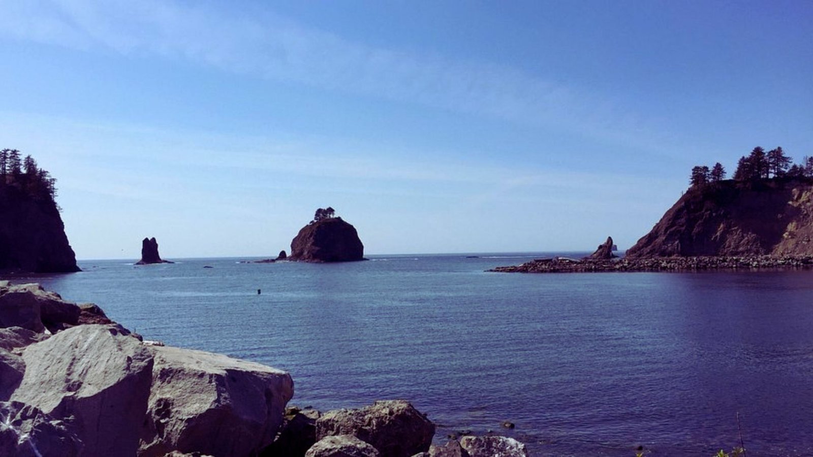 Rock formations rise from the ocean, encircled by lush green trees along the shoreline.