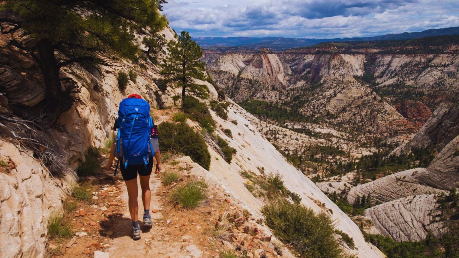 A hiker with a backpack ascends a mountain trail, surrounded by rocky terrain and greenery.