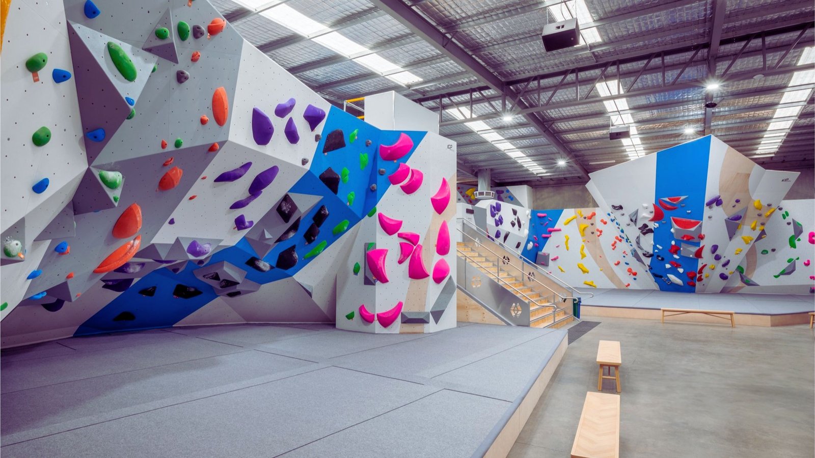 climbing wall in a gym, showcasing multiple vibrant colors for different climbing experiences.