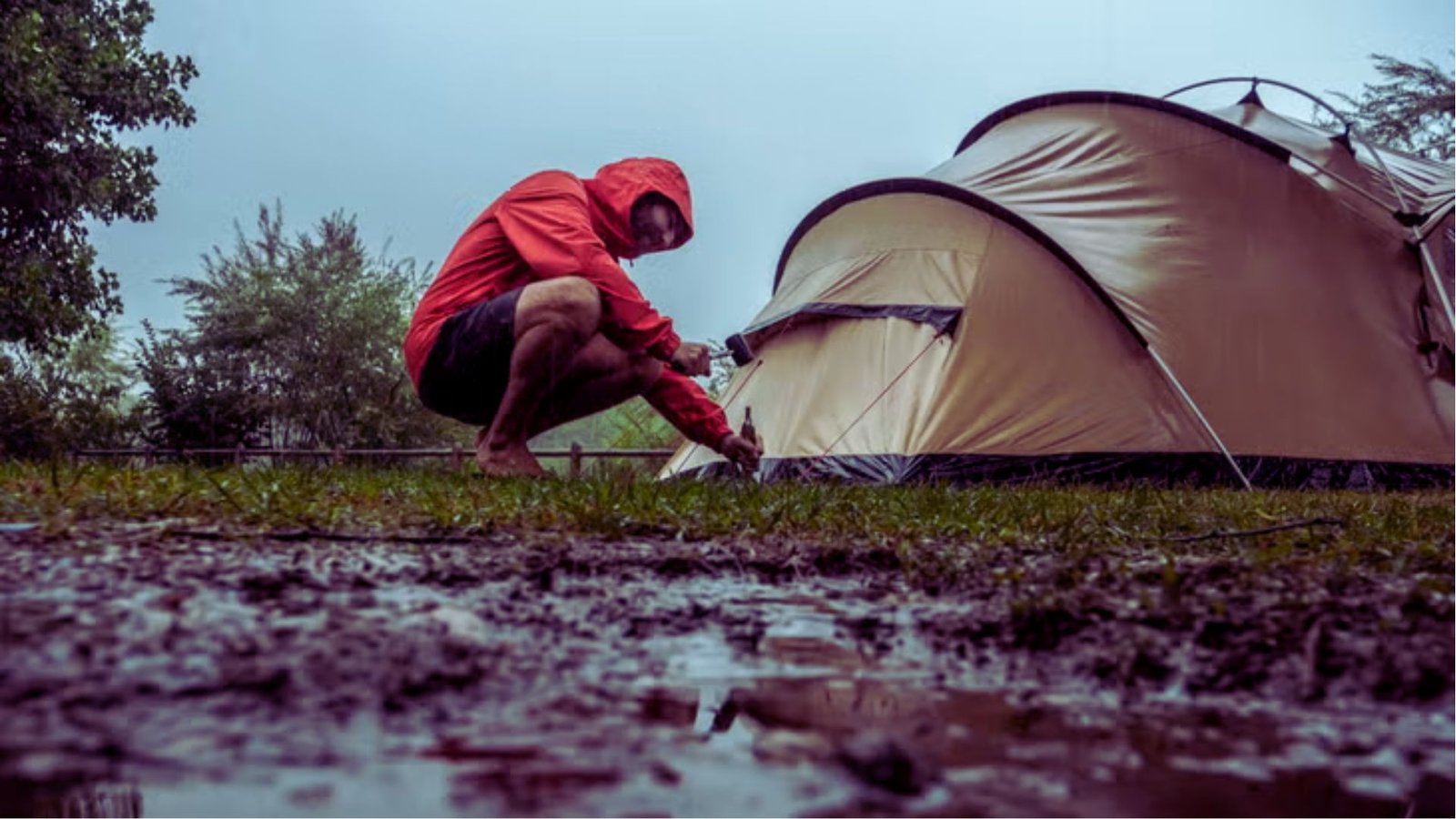 A man in a red jacket kneels beside a tent, preparing for camping in a natural outdoor setting.