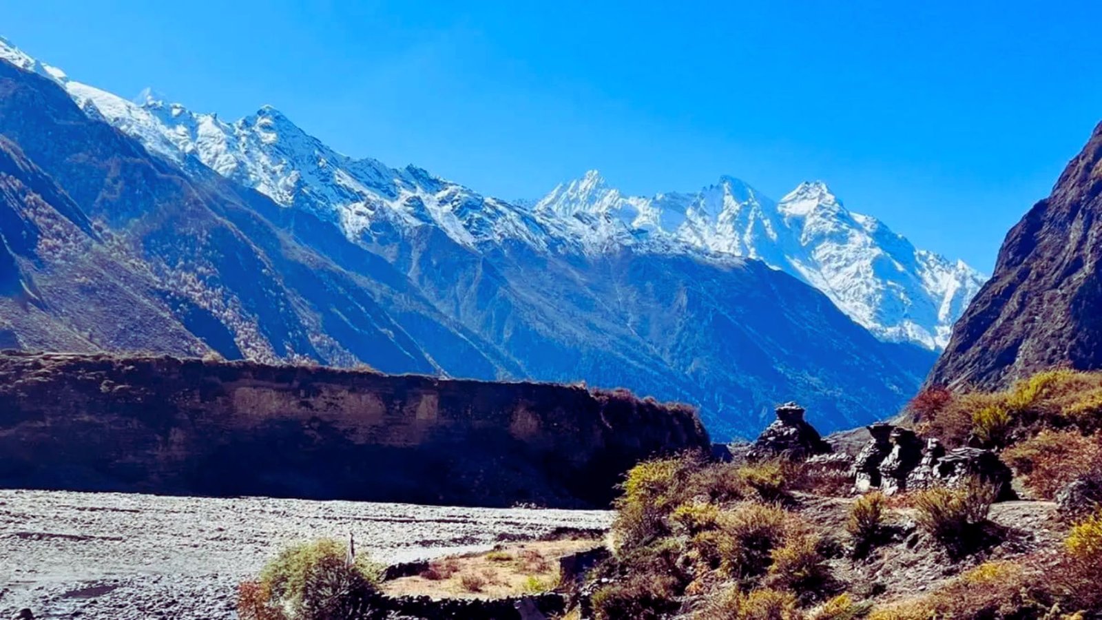 Snow-covered mountains rise above lush green grass, creating a striking contrast in the landscape.