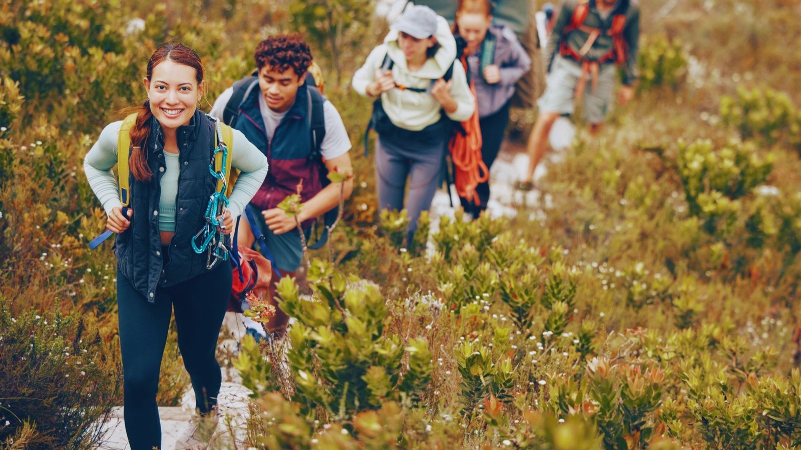 Several people trekking along a wooded path, with trees and foliage creating a serene outdoor atmosphere.
