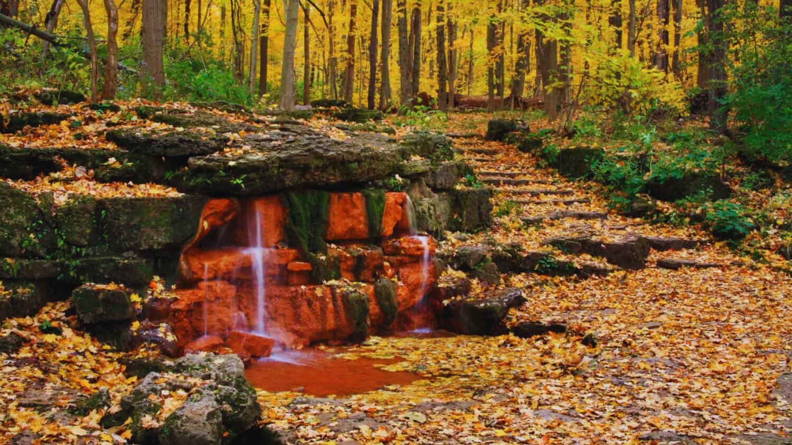 A serene waterfall in a forest, flowing with vibrant red water, surrounded by lush greenery and natural beauty.