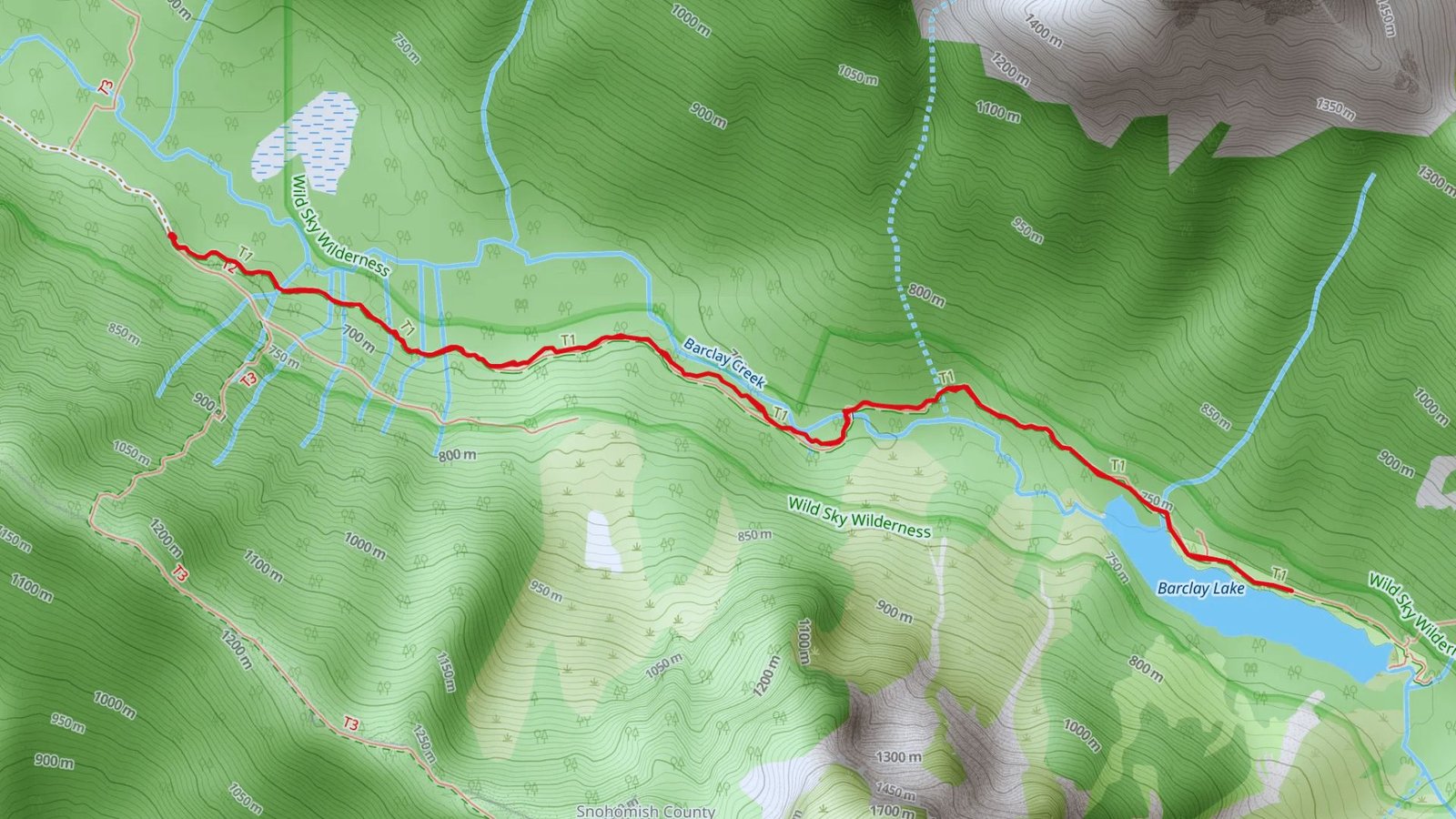 Map of Barclay Lake Trail in Washington, showing hiking routes through mountainous terrain.
