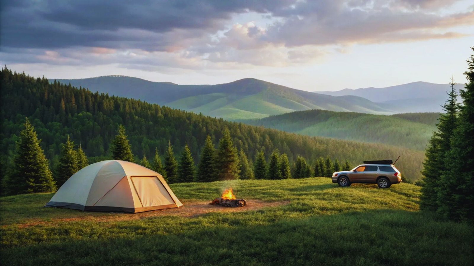 Scenic view of a mountain campsite with tents, surrounded by trees and a clear blue sky, ideal for a road trip adventure.
