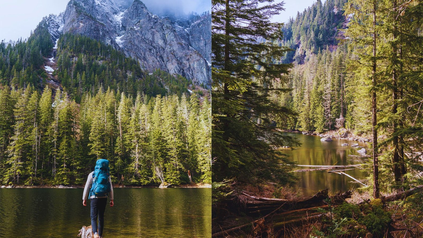  A person stands on a log by Barclay Lake, with a stunning mountain backdrop reflecting in the calm water.
