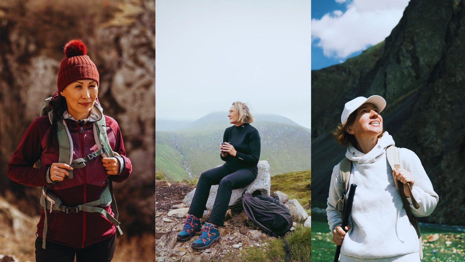 Three images of women showcasing diverse clothing styles, highlighting different fashion choices and cultural expressions.