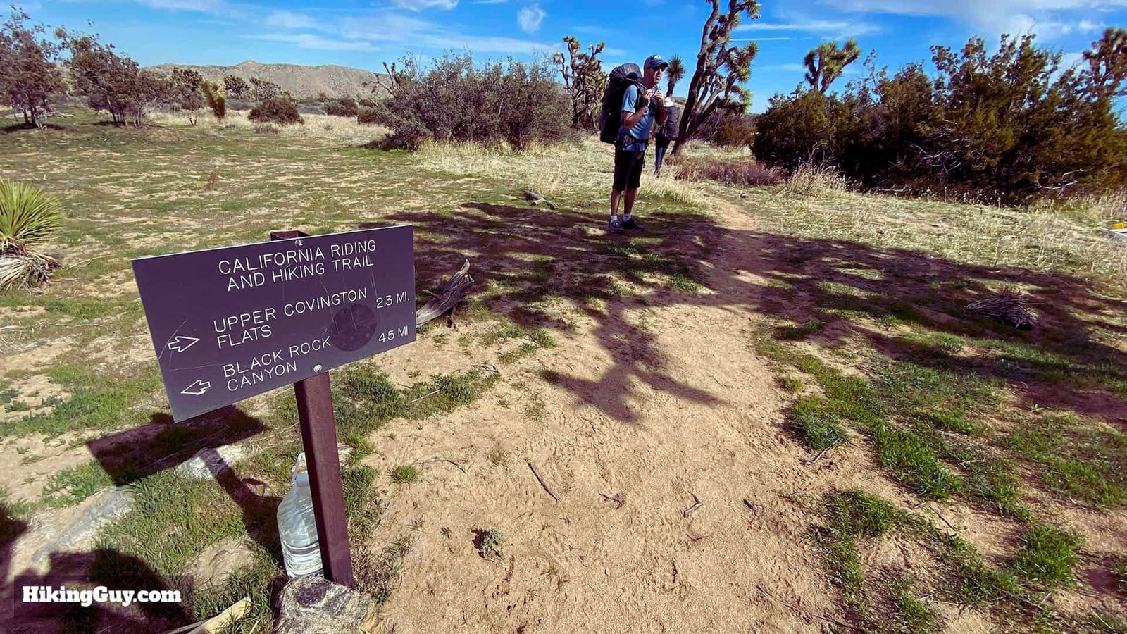 A trail sign indicating the entrance to Joshua Tree National Park, featuring the park's name prominently displayed.