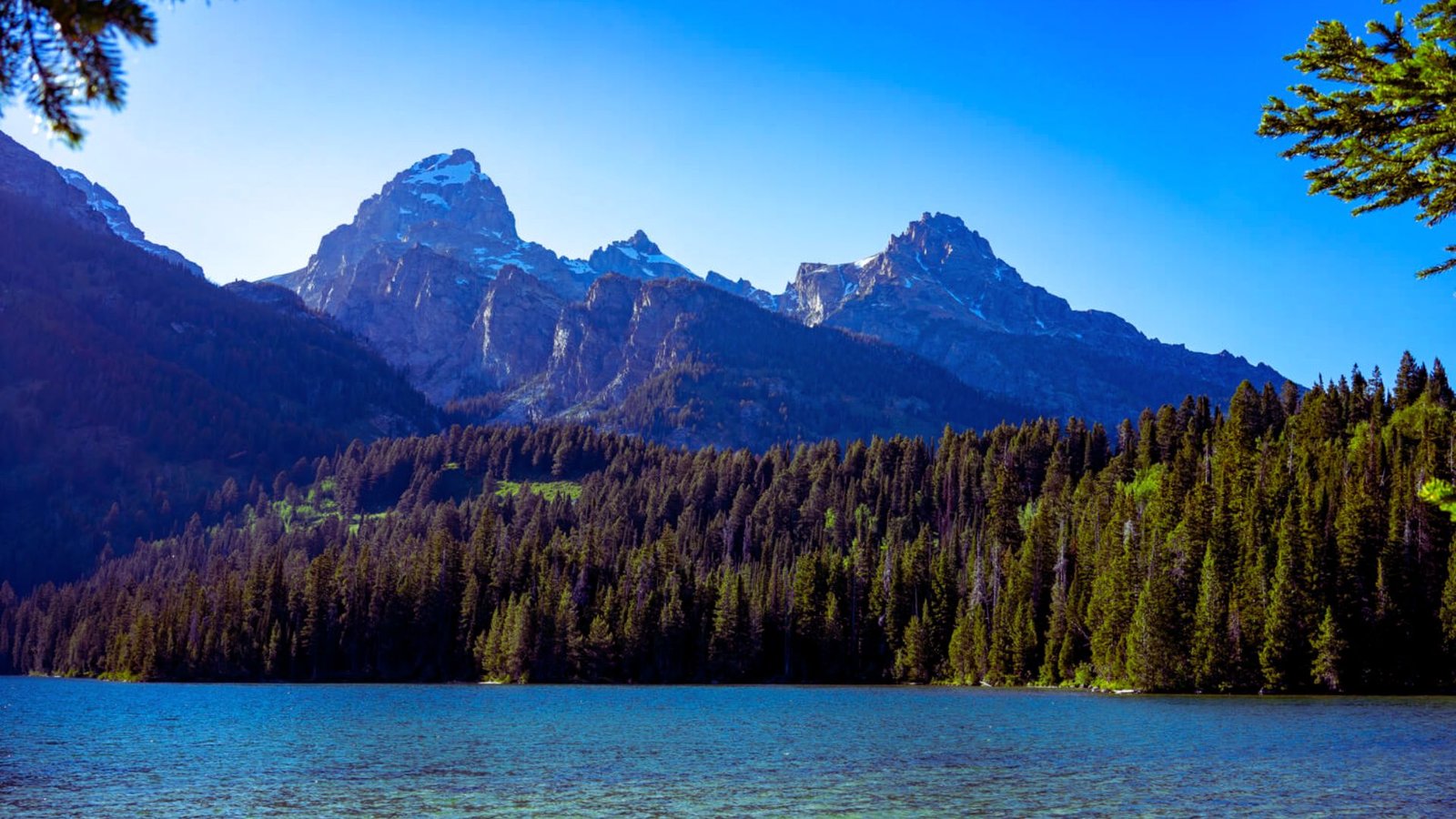 A serene lake bordered by lush trees and majestic mountains under a clear blue sky.