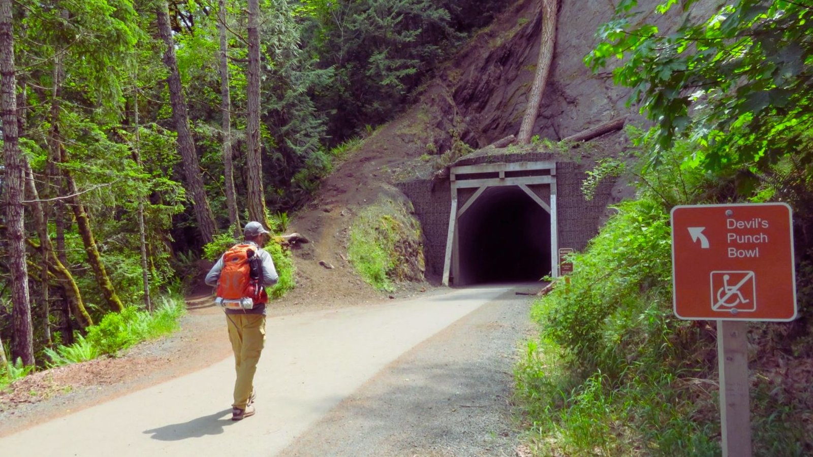  A man strolls down a road adjacent to a tunnel, with trees lining the path under a sunny sky.
